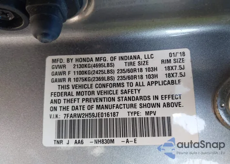 2018 Honda Cr-V Ex z USA, uszkodzony, nr VIN 7FARW2H59JE016187